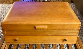 Vintage Solid Wood Tarnish Proof Silverware Dovetail Box W Velvet Lining Lift Top & Bottom Storage Drawer