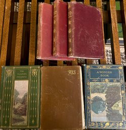 Antique 3 Leather Bound Dickens Books - Hawthorne A Wonder Book - Treasure Island, The Pilgrims Progress