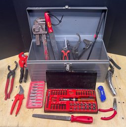 Craftsman Metal Toolbox With Contents - Rotary Bit Set, Calipers, Pipe Wrench , Pipe Cutter, & More