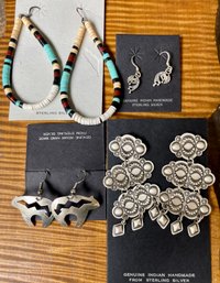 4 Pairs Of Native American Sterling Silver Earrings - Kokopelli - Bear - Heishi Bead & Stamped Silver