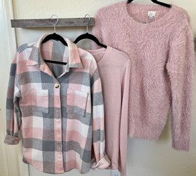 Banana Republic Pink T Shirt, New Day Fuzzy Sweater, Pretty Garden Flannel Size Large