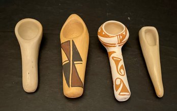 (4) Native American Pottery Pipes - (1) Rolanda Booqua Zuni Hand Painted
