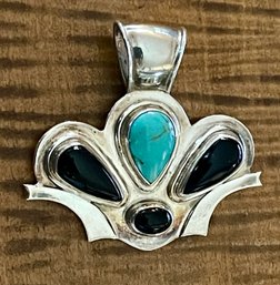 Sterling Silver - Turquoise & Onyx Fleur De Lis Pendant - Handmade - Total Weight 19.8 Grams