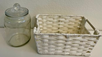 Faux Wicker Basket With Metal Handles And Lidded Glass Canister