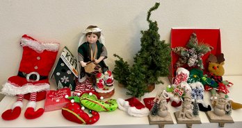 Holiday Decor Lot - Little Drummer Bowl Figurine, Santa Music Box, Ornaments, Bottle Brush Trees, & More