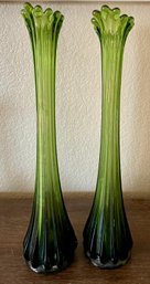 Pair Of Mid Century Art Glass Green 16 Inch Tall Swing Vases