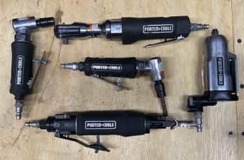 (5) Porter Cable Pneumatic Tools PTX5 Reciprocating Saw, 3/8' Ratchet, & Rotatory Tools