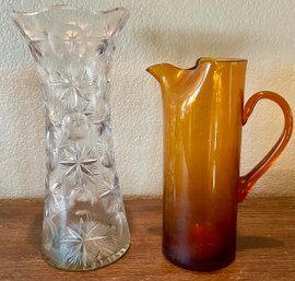 Mid Century Amber Glass Pitcher & Cut Crystal Flower Vase