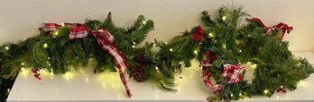 Pair Of Lighted 8 Foot Holiday Garlands With Faux Pinecones, Berries, & Ribbon