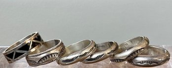 6 Sterling Silver Stamped And Inlay Stacking Rings - Size 7 - Total Weight 24.3 Grams