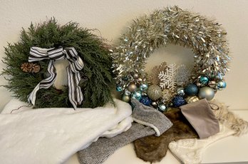 Berkshire Faux White Fur Tree Skirt, (3) Stockings, & (2) Wreathes With Faux Pinecones And Ornaments