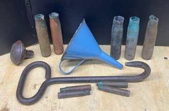 Vintage And Antique Lot - 1942 20mm Shells, 42 TW 30-06 Shells, Door Knob, Enamelware Funnel