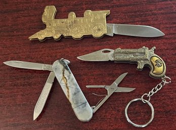 (3) Souvenir Pocket Knives - Camillus, Train, & 1830 Winchester Keychain