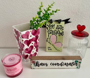 Decor Lot - Chaos Coordinator Sign, Precious Porcelain, Glass Heart Lidded Jar, Heart Vase, & Candle