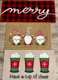 (3) Holiday Door Mats - Cup Of Cheer, Gnomes, & Merry