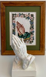 1991 Framed Needlepoint And Iridescent Pottery Praying Hands Figurine