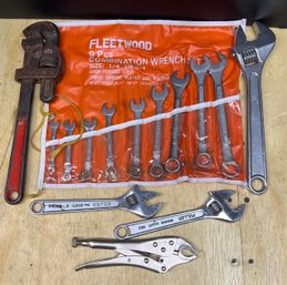 Fleetwood 9 Piece Wrench Set With Adjustable Wrenches, Vise Grip, & Vintage 14 Inch Pipe Wrench