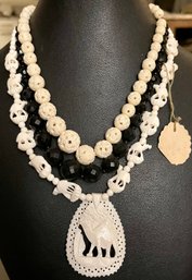 2 Vintage Carved Faux Bones Necklaces India And 1 Faceted Jet Bead Necklace