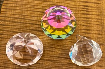 3 Vintage Crystal Prisms - Pink Diamond Faceted - Rainbow & Prism With Metal Hanger