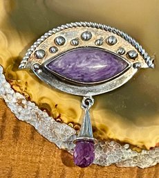 Sterling Silver - Charoite & Faceted Amethyst Drop Pendant - Handmade - Total Weight 10.6 Grams