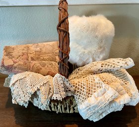 Wicker Baskets Filled With Vintage Linens - Victorian Style Tapestry & Antique Rabbit Fur Muff