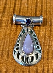 Sterling Silver - Chalcedony & Sapphire Cutwork Pendant - Handmade - Total Weight 9.4 Grams