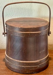 Antique Firkin Wood Bucket With Lid And Handle