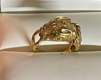 Vintage 14K Yellow Gold & Emerald Eye Leopard Ring - Size 5.5 - Total Weight 5.93 Grams