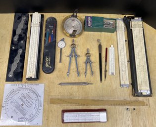 Vintage Topography & Surveying Lot - Brass France Surveying Compass, Drafting Compass, Slide Rulers, & More