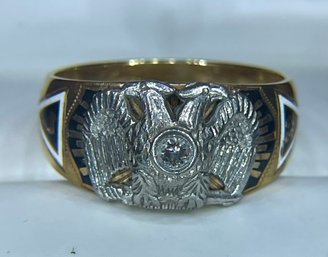 Antique 14K Gold & Diamond Masonic Ring - Size 12 - Total Weight 9.95 Grams