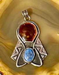 Gorgeous Sterling Silver - Fire Opal & Denim Lapis Pendant - Handmade - Total Weight - 18.7 Grams