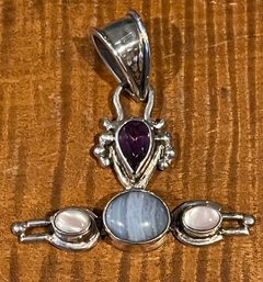 Beautiful Sterling Silver - Blue Lace Agate - Amethyst & Mussel Shell Pendant - Handmade - Total 10.6 Grams