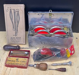 Vintage & Antique Lot - Block Planer, Busy Hour No. 23 Hook Rug Needle, Gun Cleaner,  Vari-flare Reflectors