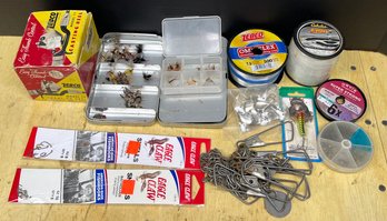 Small Fishing Lot - Assorted Flys, Zebco Model 11 Reel, Weights, Line, & Fish Hooks