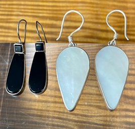 2 Pairs Of Vintage Sterling Silver Drop Earrings - Mother Of Pearl And Black Onyx