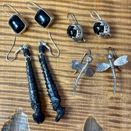 4 Pairs Of Vintage Earrings - African Bust Earrings - Sterling Silver & Onyx - Two Silver Tone Pair - Firefly