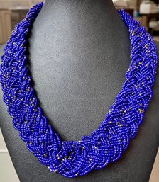 Vintage Braided Multi Strand 18' Cobalt Blue And Gold Seed Bead Necklace