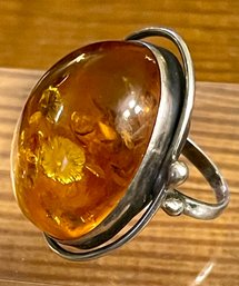 Vintage Sterling Silver Large Baltic Amber Cabochon Size 9 Ring