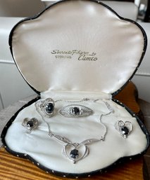 Vintage Sorrento Sterling Silver Filigree & Hematite Set By Cameo - Ring - Earrings - Necklace - Pin - IOB