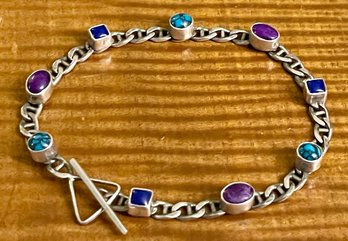 Sterling Silver Artisan Sugilite, Lapis & Turquoise 7 Inch Bracelet - Total Weight 9.7 Grams