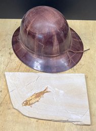 Fossilized Fish Specimen With Vintage MSA Skullguard Type K Miners Helmet