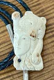 Hand Carved Mammoth Ivory Face & Bear With Peridot - 36'leather Braided Bolo Tie
