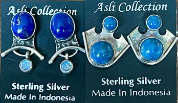 2 Pairs Of Sterling Silver Earrings - Blue Lapis & Moonstone & Denim Blue Lapis - Total Weight 20.9 Grams