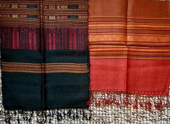 2 100 Percent Silk Handmade Thai Hilltribe Folk Pattern  Scarf  Scarves 16'w X 70'L & 16'w X 82'l