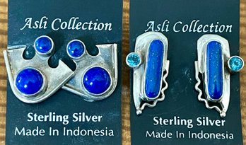 2 Pairs Of Sterling Silver Earrings - Double Cabochon Lapis & Lapis & Topaz - Handmade - Weight 26.6 Grams