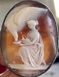 Stunning Silver Antique Victorian Carved  Cameo With Pin Back And Pin Attachment