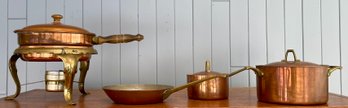 Copper Pot Set - Chafing Dish, 3 Paul Revere Bicentennial, Double Handled Pot, Lidded Sause Pot, Skillet