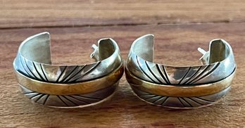 Sterling Silver & 14K Gold Native American Hoop Earrings - Total Weight 9.85 Grams