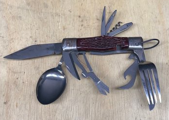 Vintage Stainless Steel Japan Camp Knife - Fork, Spoon, Scissors, And Multiple Blades