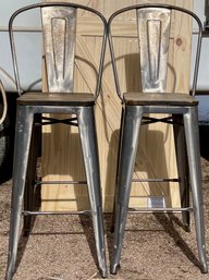 (2) Commercial Silver Tone Metal Distressed Walnut Wood Seat Bar Stools